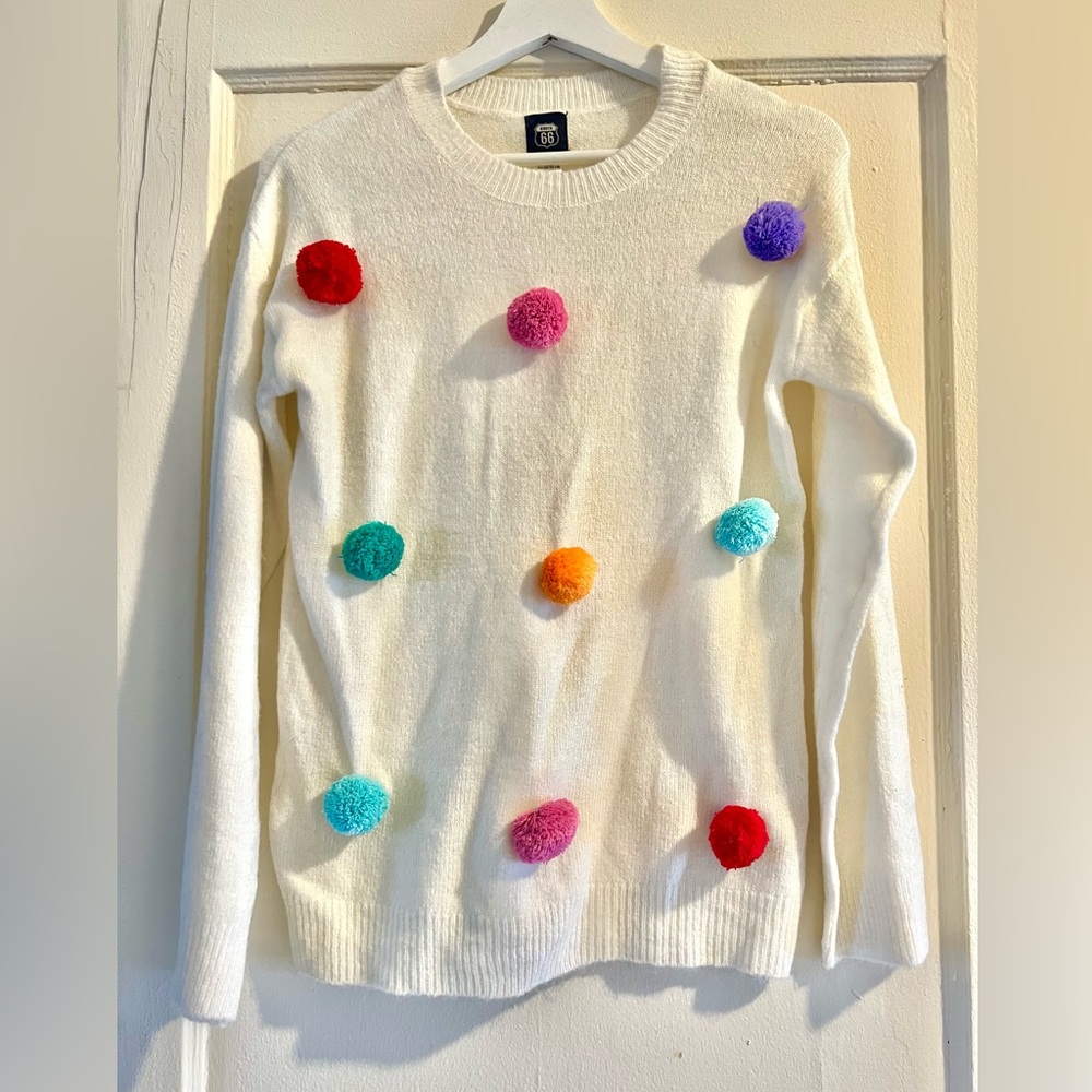 ROEBUCK & CO GIRLS SWEATER COLOR BEIGE LONG SLEEVE  WITH COLOR BALLS